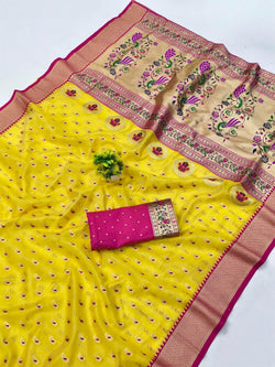 Surpassing Yellow Organza Paithani Silk Saree With Sensational Blouse Piece