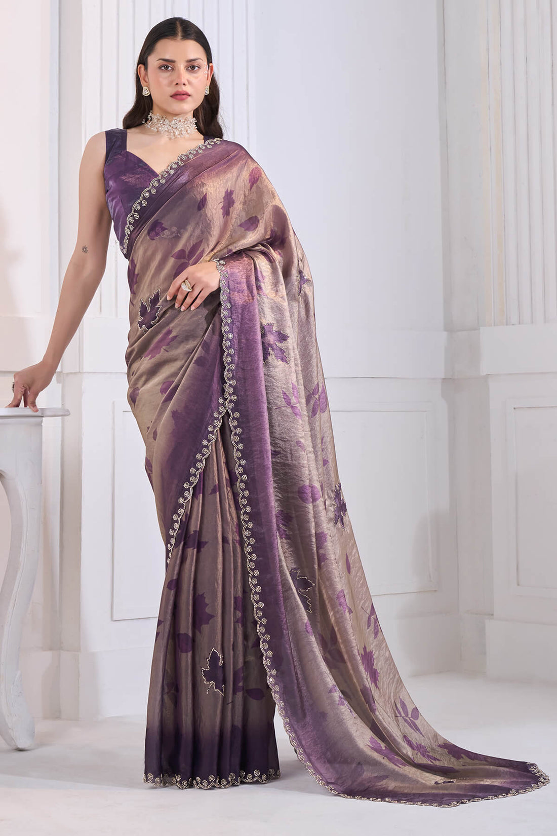 Majestic Purple Jarkan Work Fandy Silk Saree