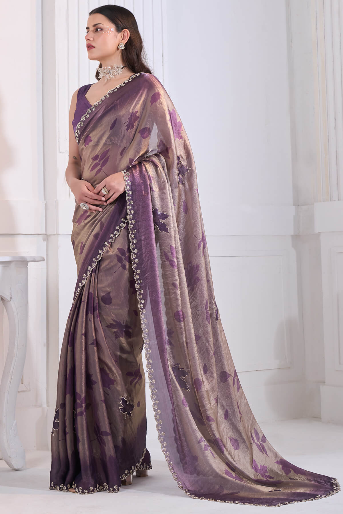Majestic Purple Jarkan Work Fandy Silk Saree