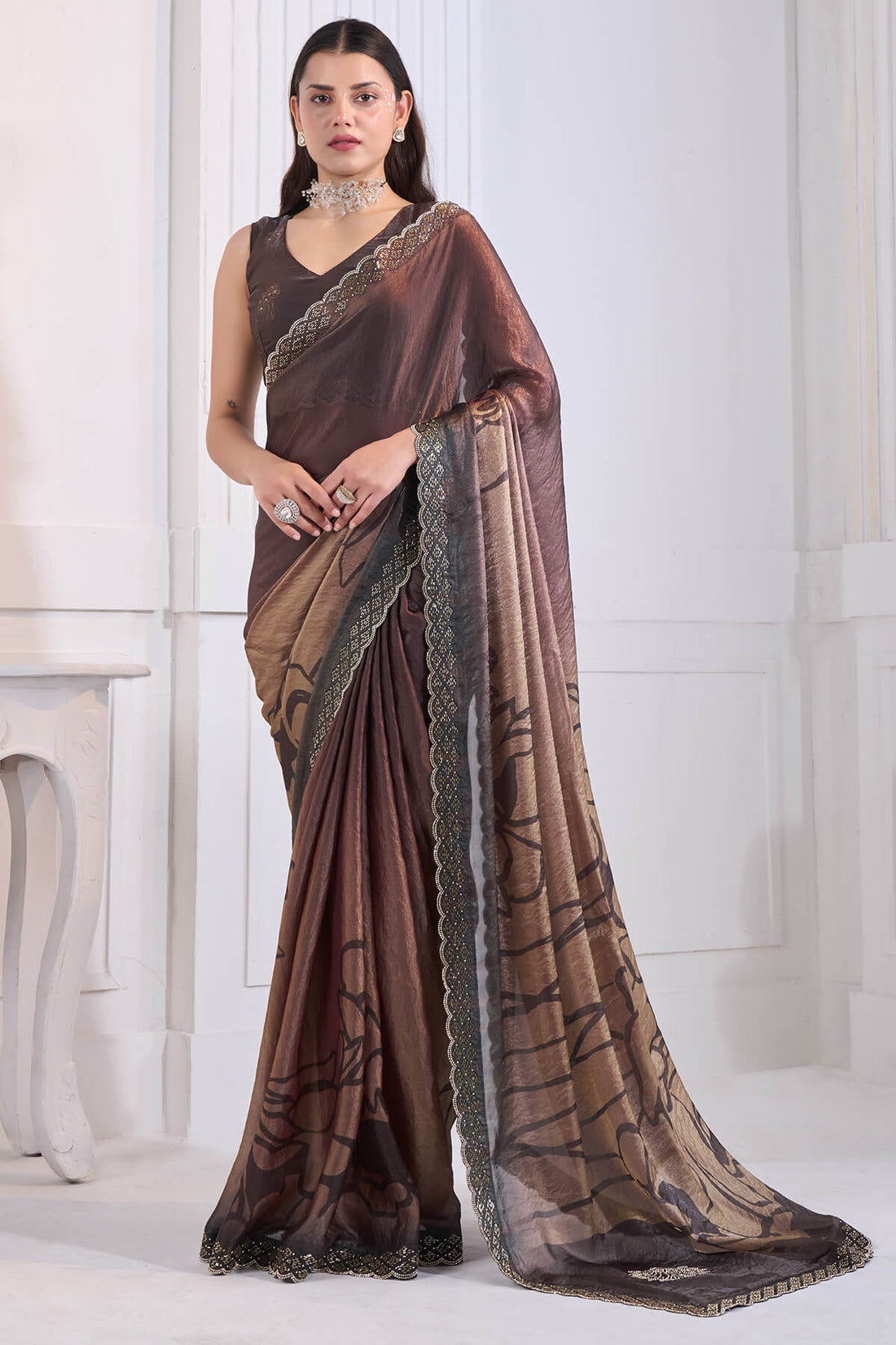 Snazzy Brown Jarkan Work Fandy Silk Saree