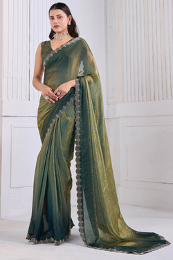 Stylish Green Jarkan Work Fandy Silk Saree