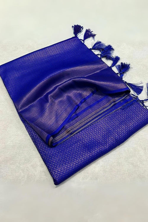 Load image into Gallery viewer, Vestigial Royal Blue Kanjivaram Silk Saree With Serendipity Blouse Piece
