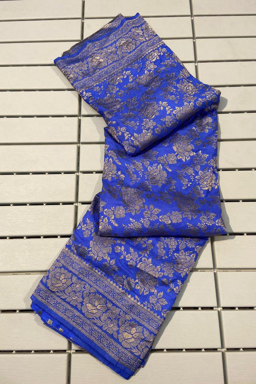 Load image into Gallery viewer, Efflorescence Blue Soft Banarasi Silk Saree With Bucolic Blouse Piece
