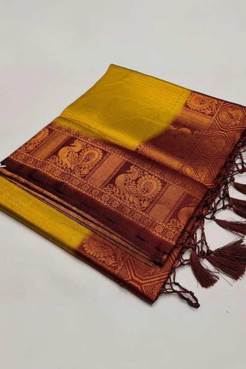 Load image into Gallery viewer, Adoring Mustard Kanjivaram Silk Saree With Ailurophile Blouse Piece
