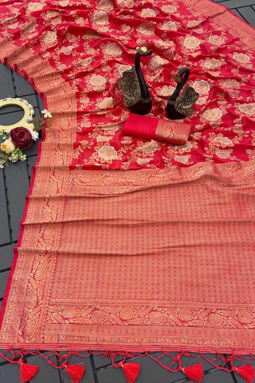 Load image into Gallery viewer, Mesmeric Red Soft Soft Banarasi Silk With Glorious Blouse Piece
