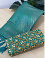 Blissful Firozi Kanjivaram Silk Saree With Two Breathtaking Blouse Piece