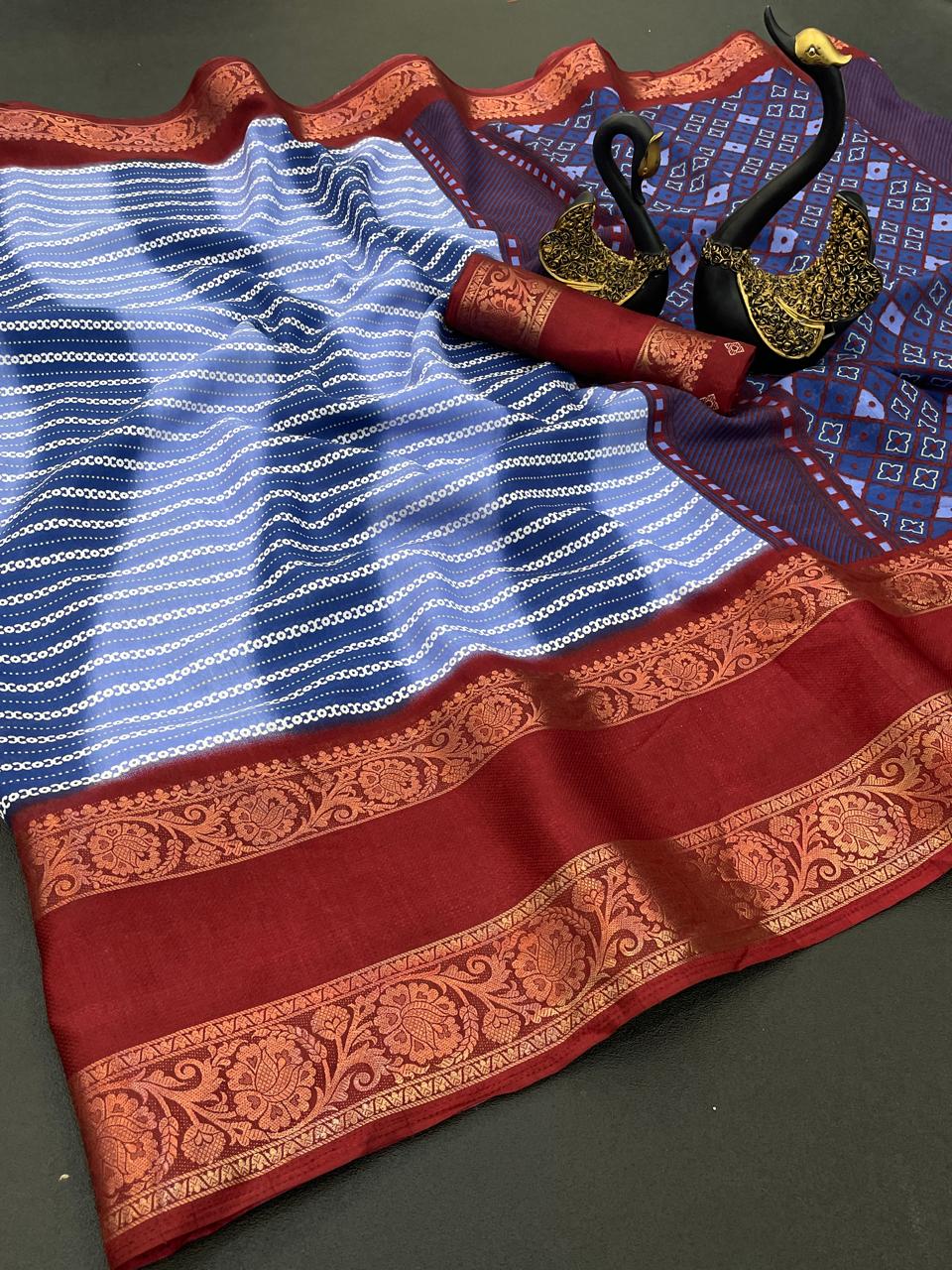 Girlish Blue Digital Printed Dola Silk Saree With Desiring Blouse Piece