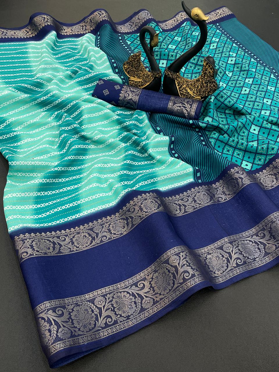 Arresting Firozi Digital Printed Dola Silk Saree With Opulent Blouse Piece