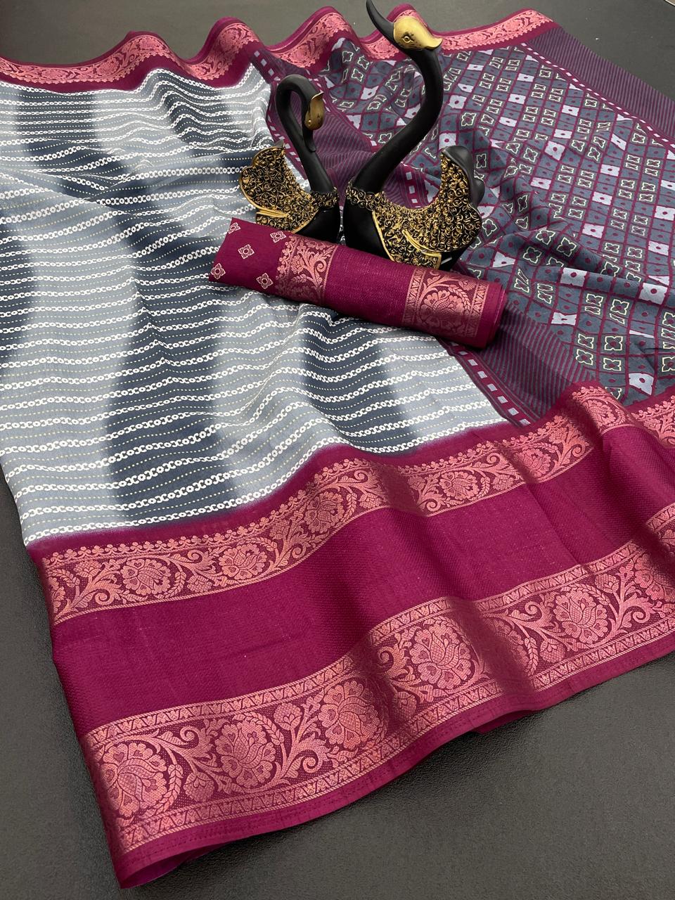 Mesmeric Grey Digital Printed Dola Silk Saree With Pleasant Blouse Piece