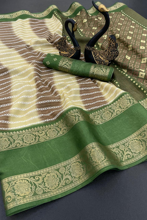 Load image into Gallery viewer, Beleaguer Pista Digital Printed Dola Silk Saree With Demure Blouse Piece
