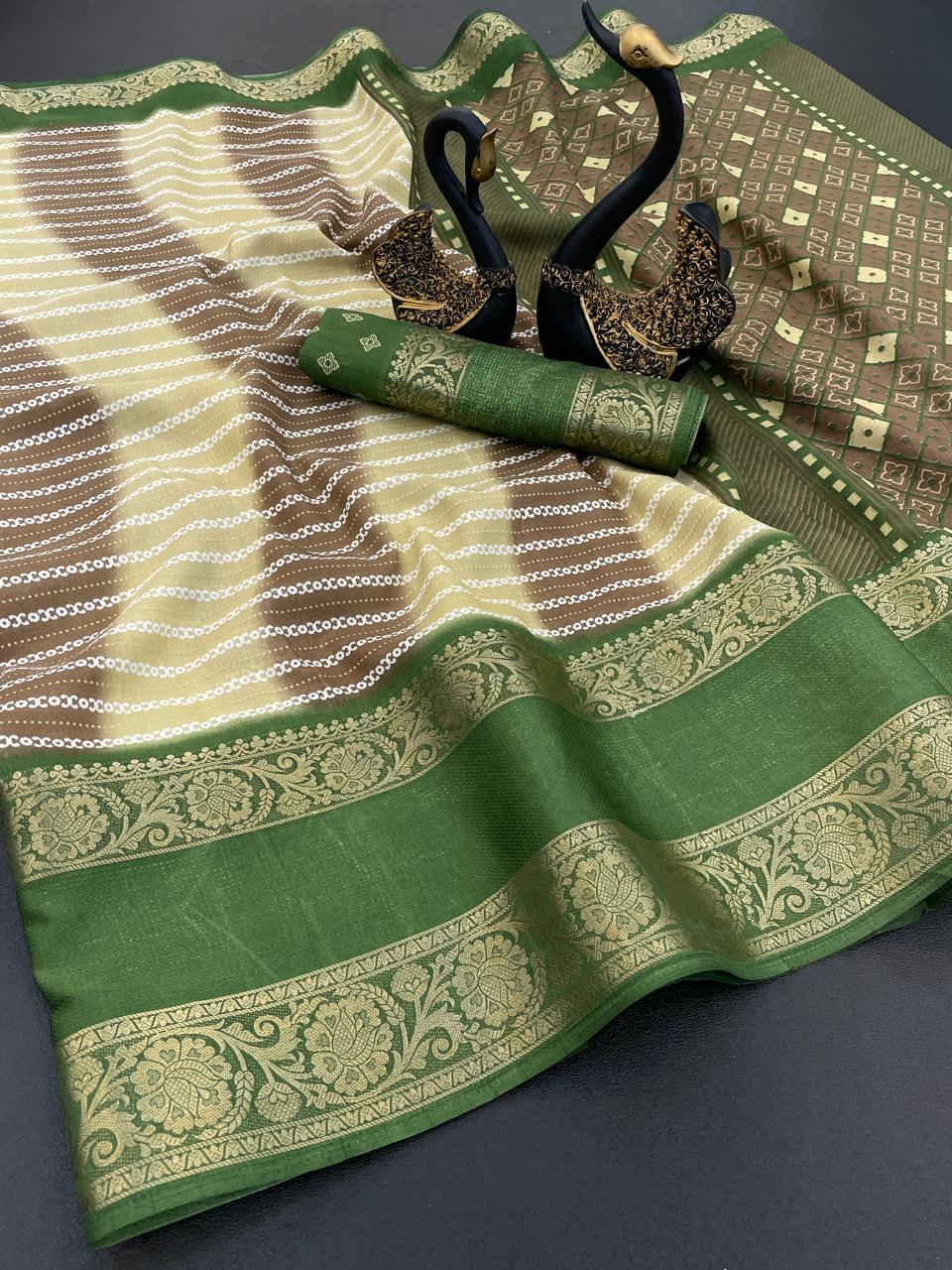 Beleaguer Pista Digital Printed Dola Silk Saree With Demure Blouse Piece