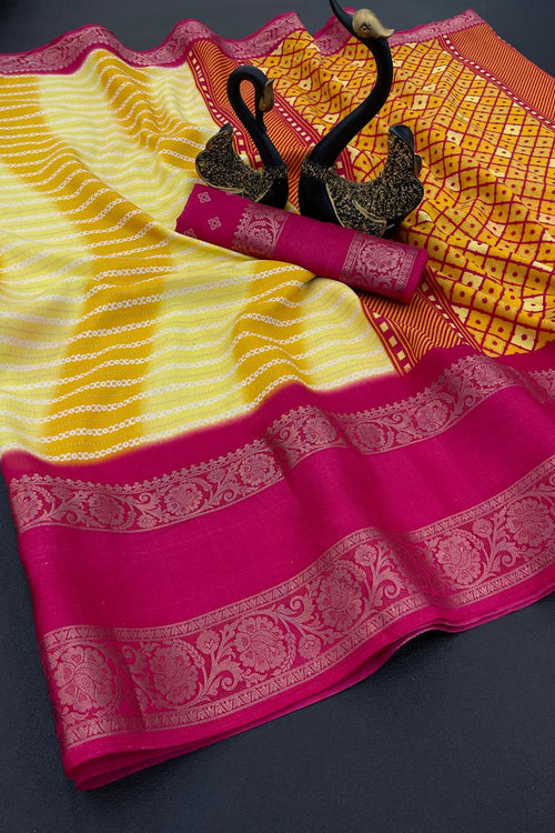 Load image into Gallery viewer, Elision Yellow Digital Printed Dola Silk Saree With Forbearance Blouse Piece
