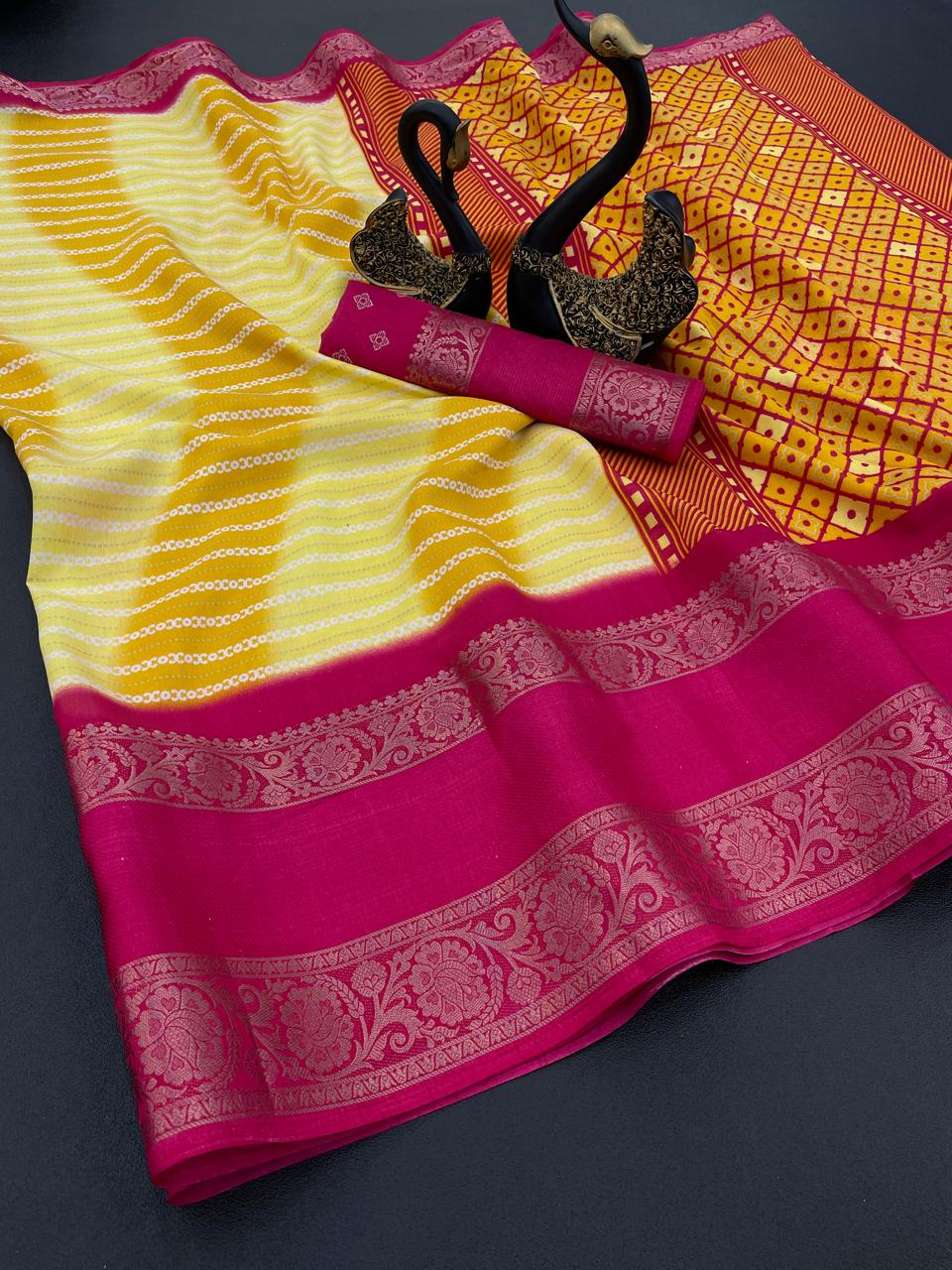 Elision Yellow Digital Printed Dola Silk Saree With Forbearance Blouse Piece