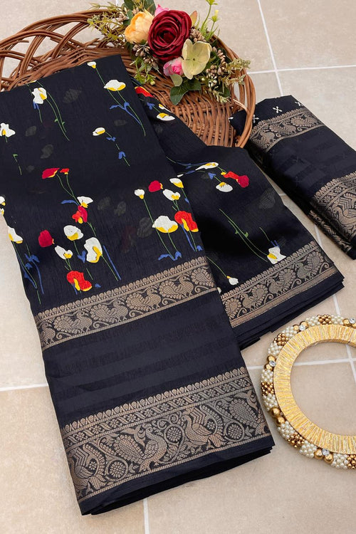 Load image into Gallery viewer, Skinny Black Digital Printed Dola Silk Saree With Outstanding Blouse Piece
