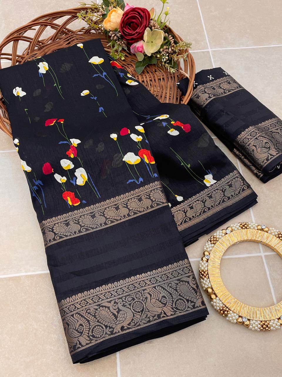 Skinny Black Digital Printed Dola Silk Saree With Outstanding Blouse Piece