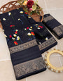 Skinny Black Digital Printed Dola Silk Saree With Outstanding Blouse Piece