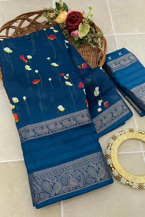 Load image into Gallery viewer, Intricate Blue Digital Printed Dola Silk Saree With Intricate Blouse Piece
