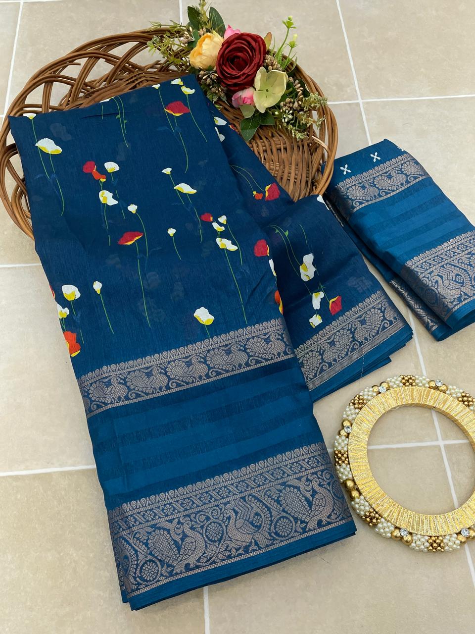 Intricate Blue Digital Printed Dola Silk Saree With Intricate Blouse Piece