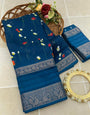 Intricate Blue Digital Printed Dola Silk Saree With Intricate Blouse Piece