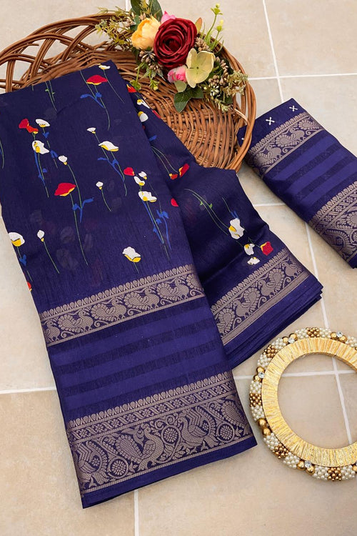 Load image into Gallery viewer, Breathtaking Navy Blue Digital Printed Dola Silk Saree With Arresting Blouse Piece
