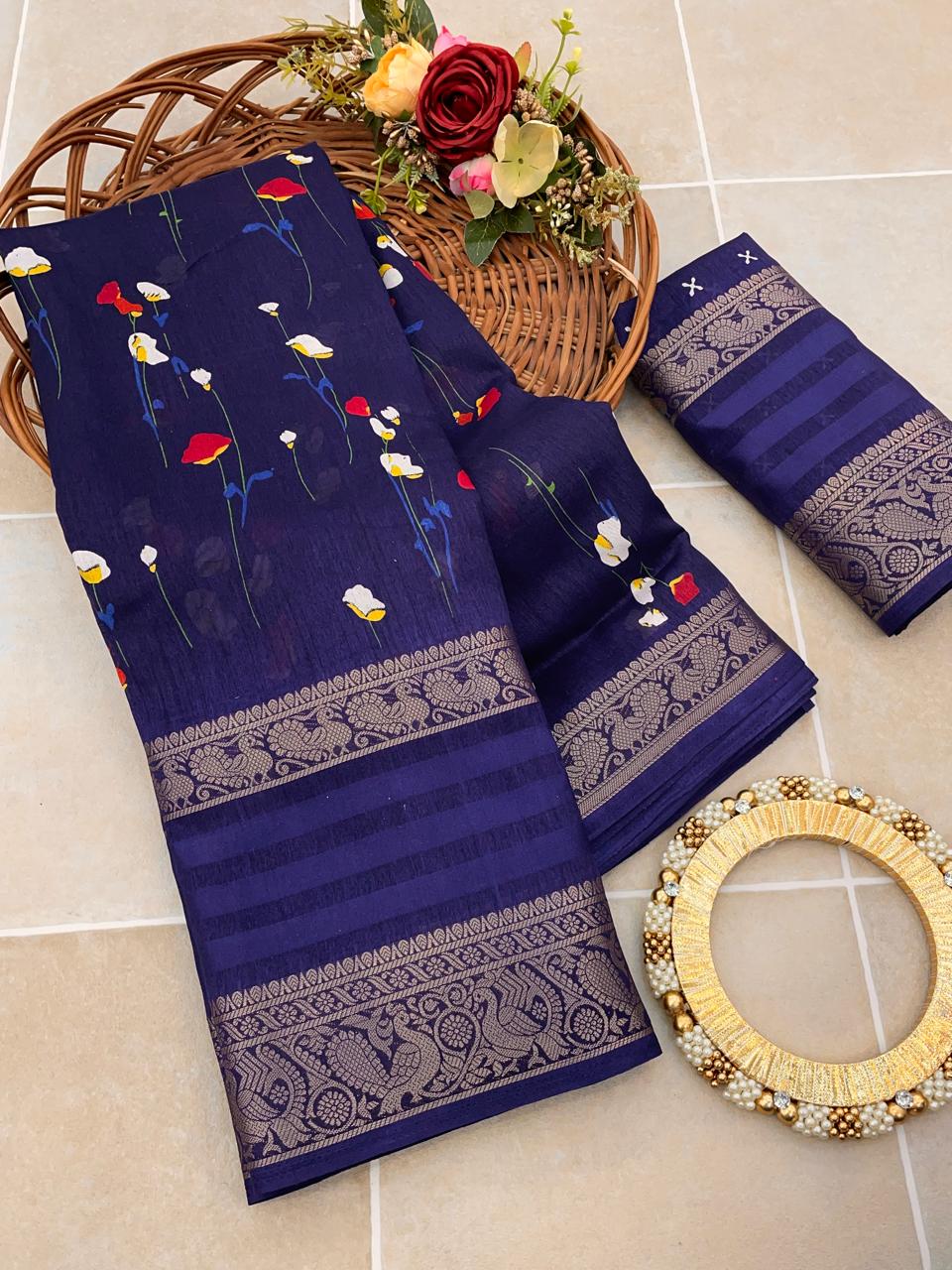 Breathtaking Navy Blue Digital Printed Dola Silk Saree With Arresting Blouse Piece