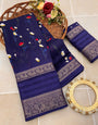 Breathtaking Navy Blue Digital Printed Dola Silk Saree With Arresting Blouse Piece