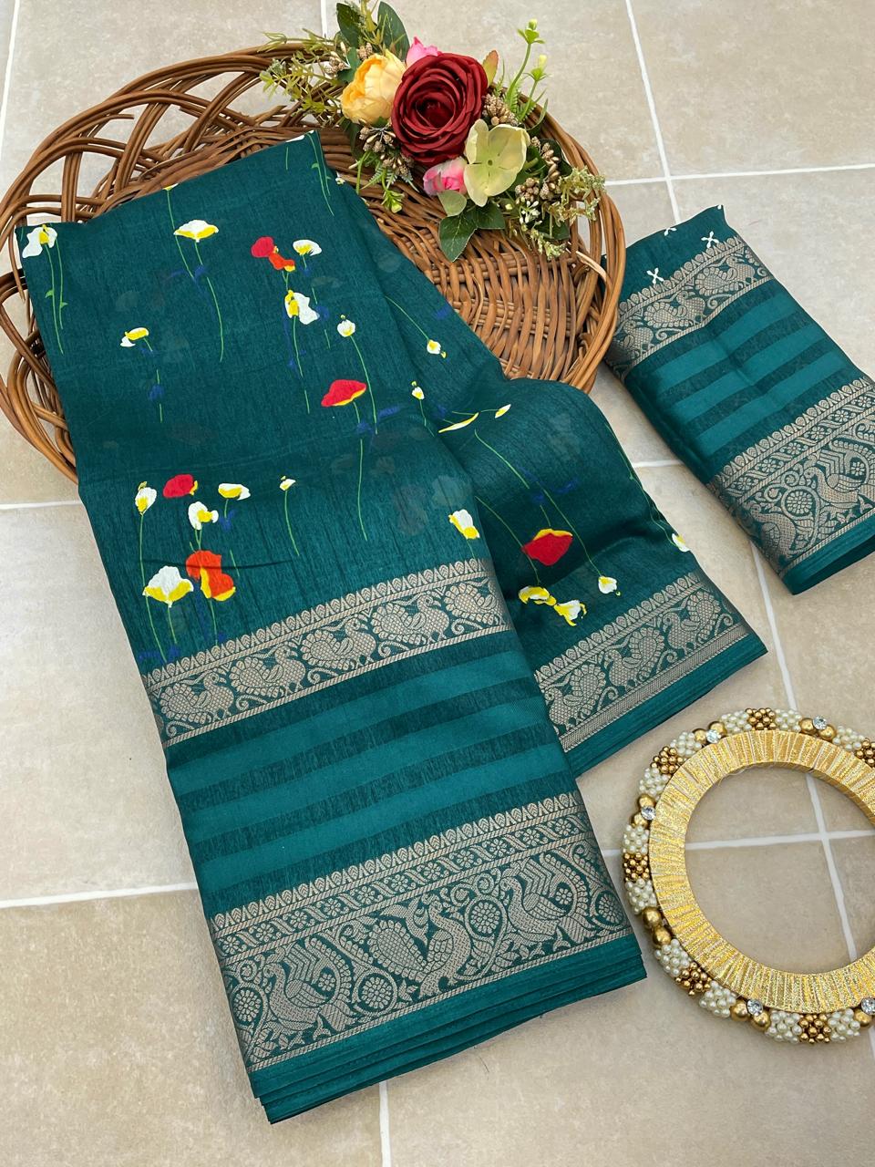 Glorious Rama Digital Printed Dola Silk Saree With Entrancing Blouse Piece