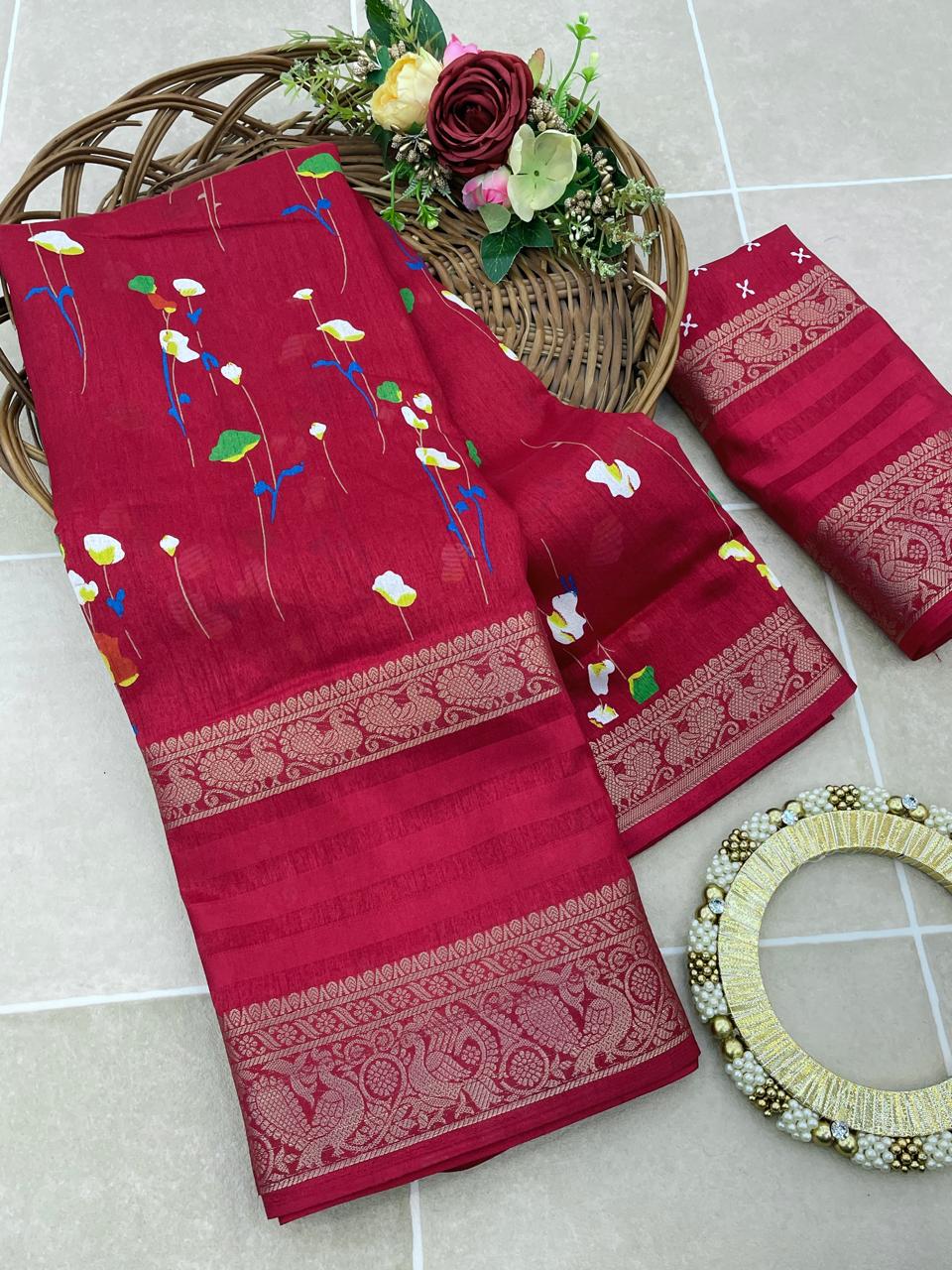 Admirable Red Digital Printed Dola Silk Saree With Conflate Blouse Piece