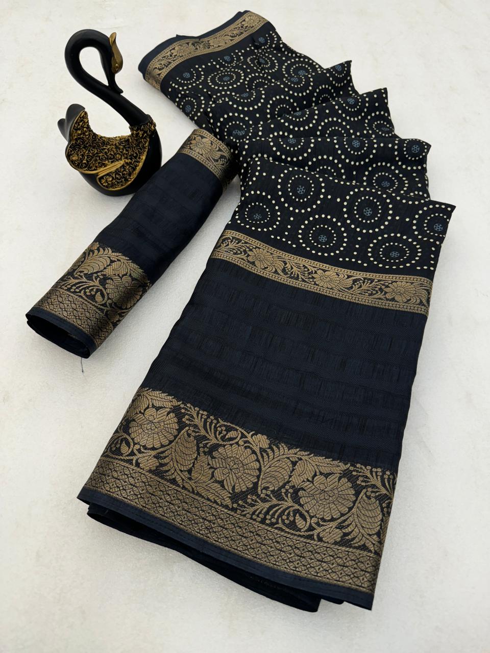 Inspiring Black Digital Printed Dola Silk Saree With Stunner Blouse Piece