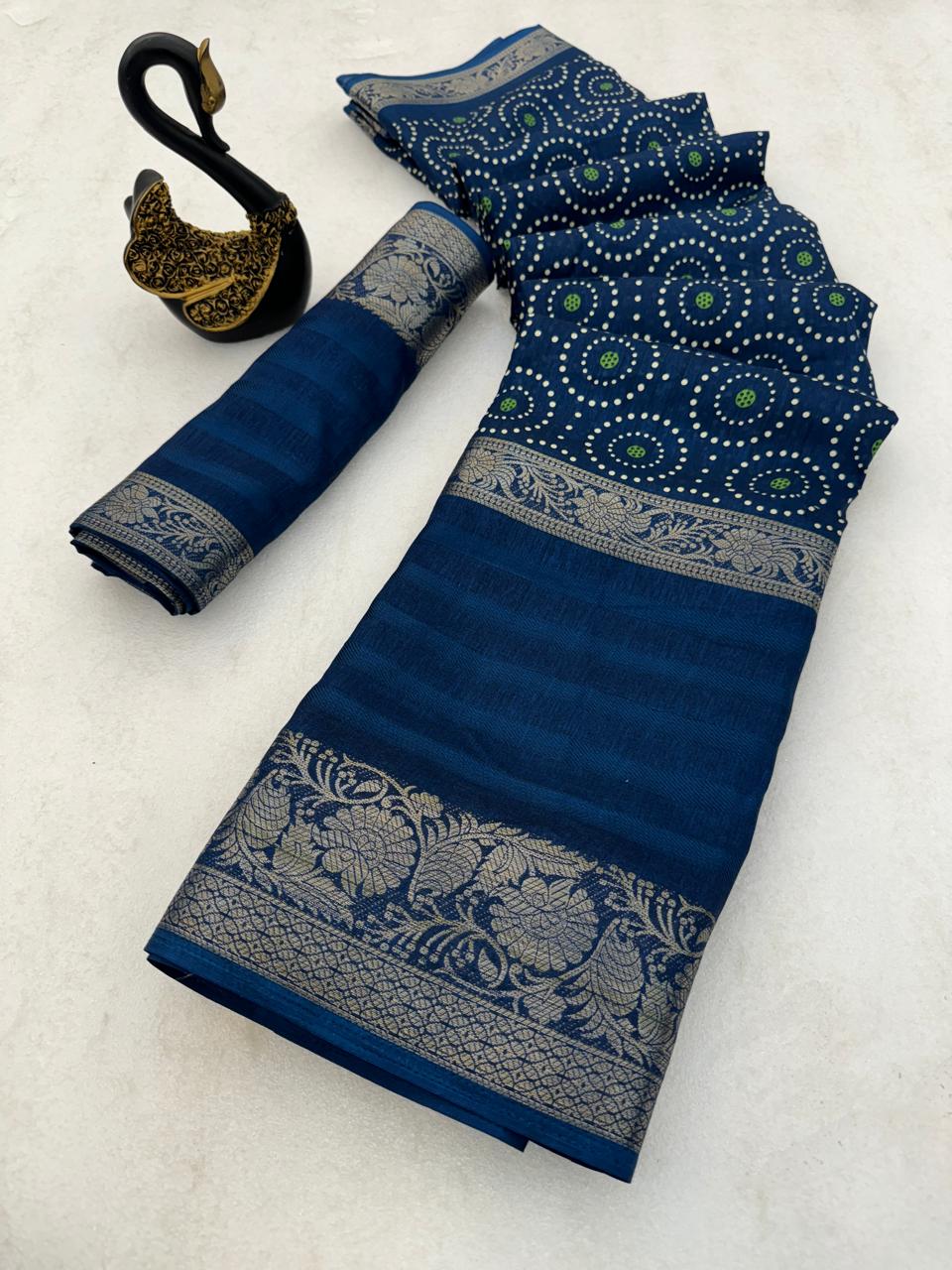 Attractive Blue Digital Printed Dola Silk Saree With Flaunt Blouse Piece