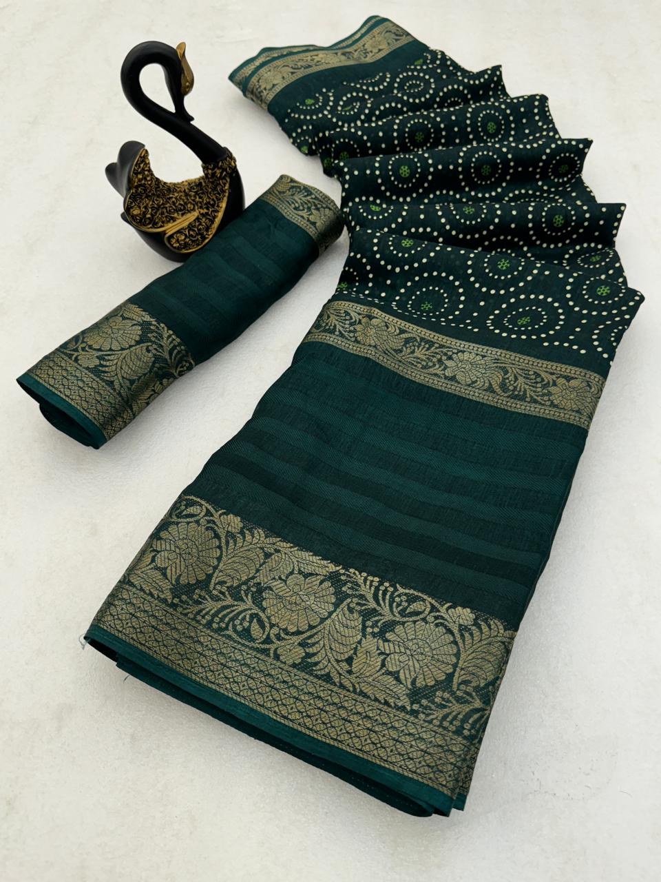 Adorning Dark Green Digital Printed Dola Silk Saree With Capricious Blouse Piece