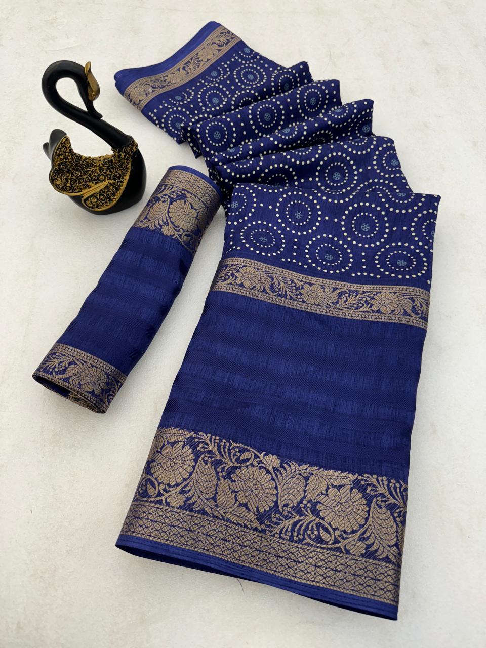 Outstanding Navy Blue Digital Printed Dola Silk Saree With Beautiful Blouse Piece