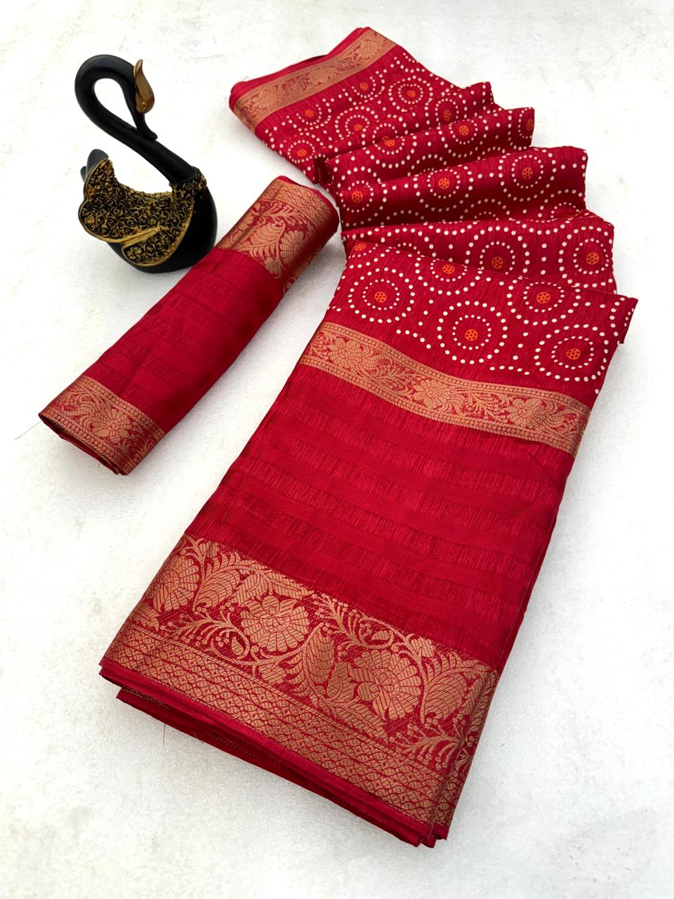 Radiant Red Digital Printed Dola Silk Saree With Preferable Blouse Piece