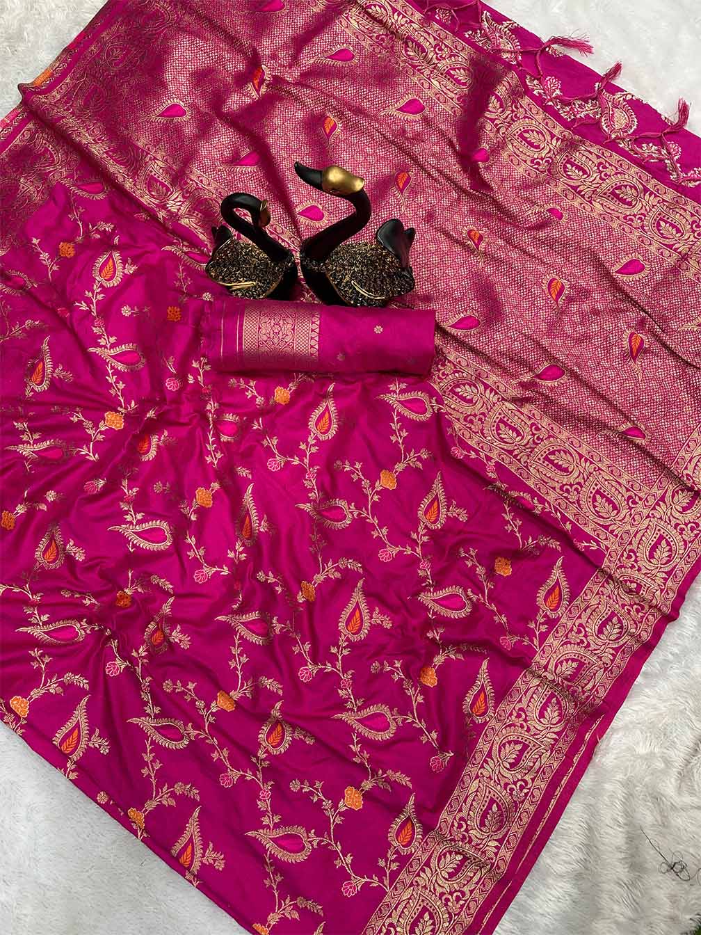 Chatoyant Dark Pink Soft Banarasi Silk Saree With Sempiternal Blouse Piece