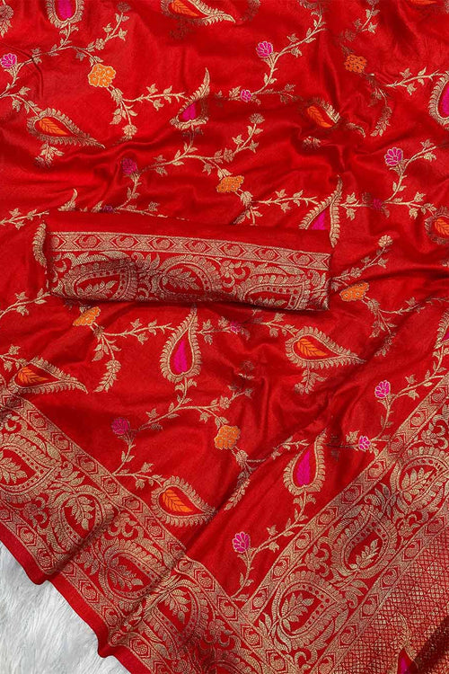 Load image into Gallery viewer, Vestigial Red Soft Banarasi Silk Saree With Exuberant Blouse Piece
