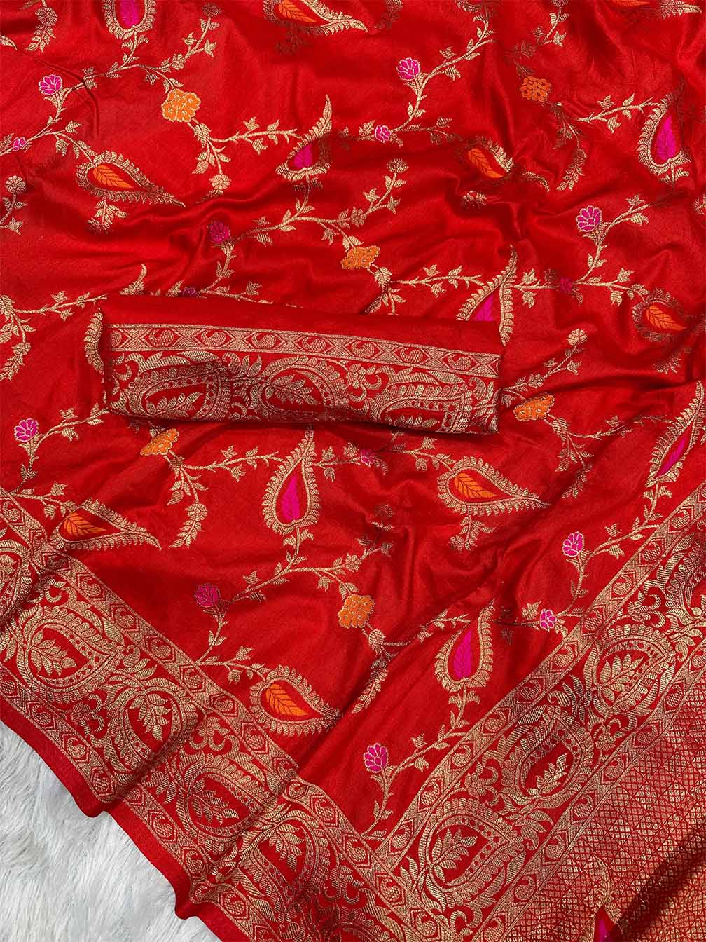 Vestigial Red Soft Banarasi Silk Saree With Exuberant Blouse Piece