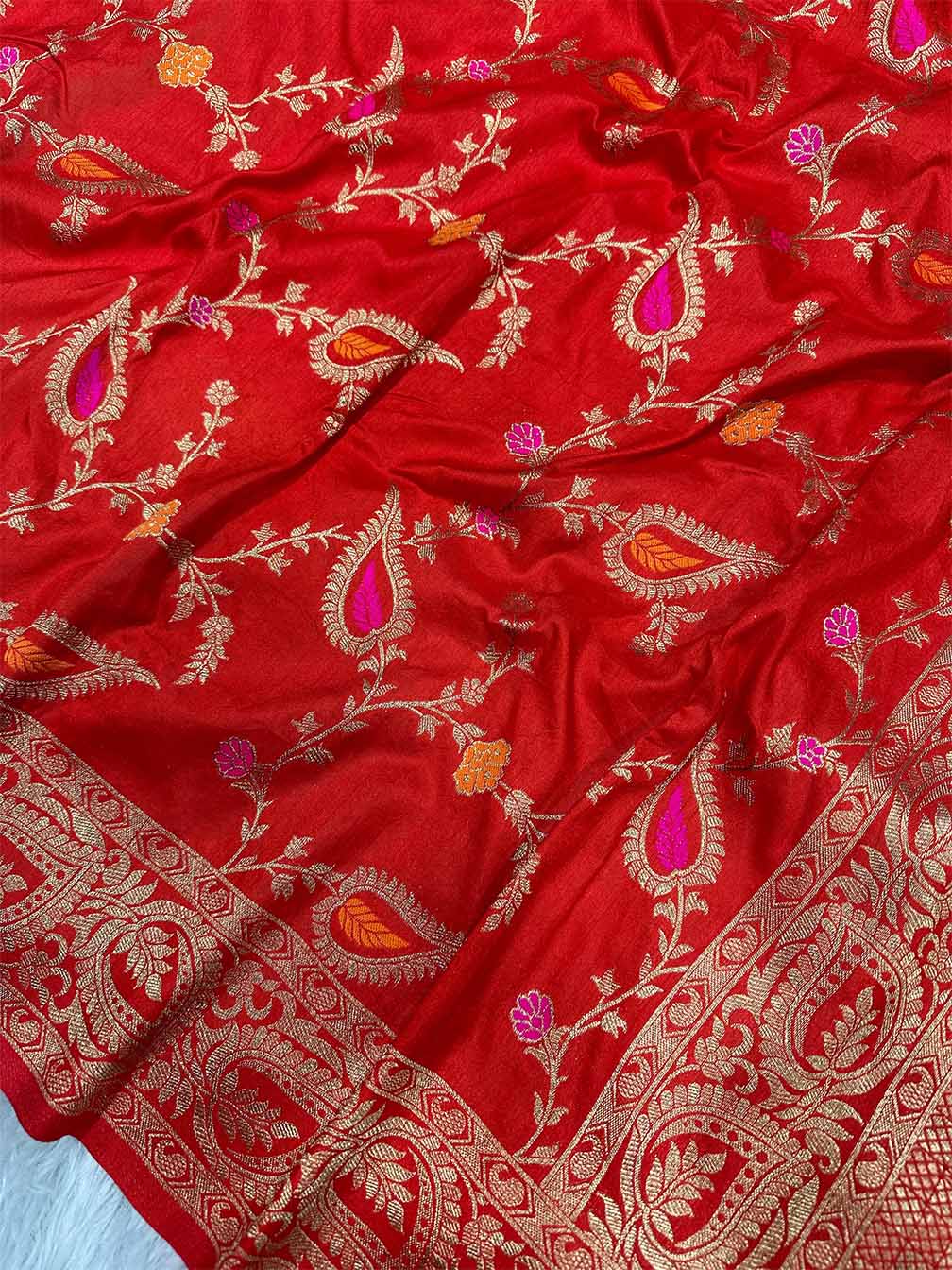 Vestigial Red Soft Banarasi Silk Saree With Exuberant Blouse Piece