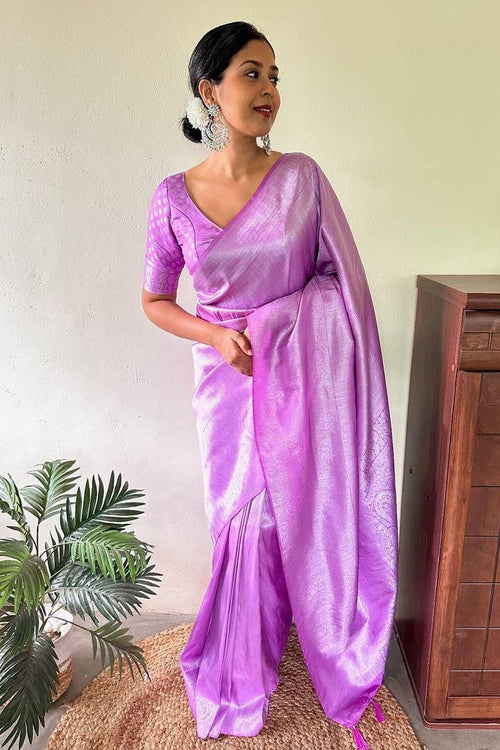 Load image into Gallery viewer, Charming Lavender Kanjivaram Silk Saree With Flattering Blouse Piece
