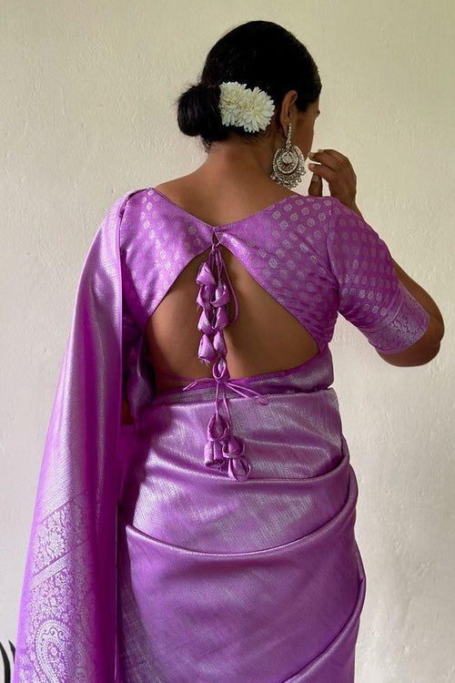 Load image into Gallery viewer, Charming Lavender Kanjivaram Silk Saree With Flattering Blouse Piece
