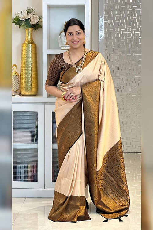 Load image into Gallery viewer, Gorgeous Beige Kanjivaram Silk Saree With Flameboyant Blouse Piece
