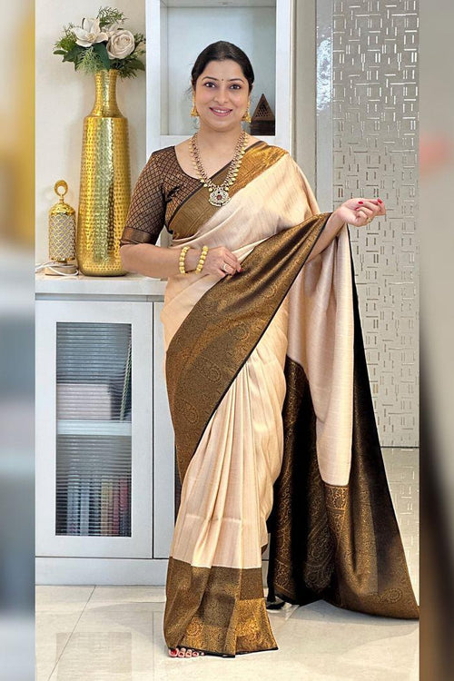 Load image into Gallery viewer, Gorgeous Beige Kanjivaram Silk Saree With Flameboyant Blouse Piece
