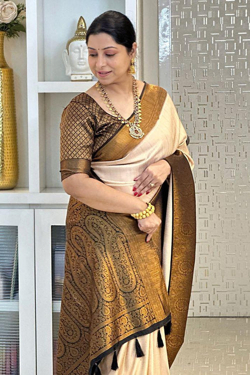 Load image into Gallery viewer, Gorgeous Beige Kanjivaram Silk Saree With Flameboyant Blouse Piece
