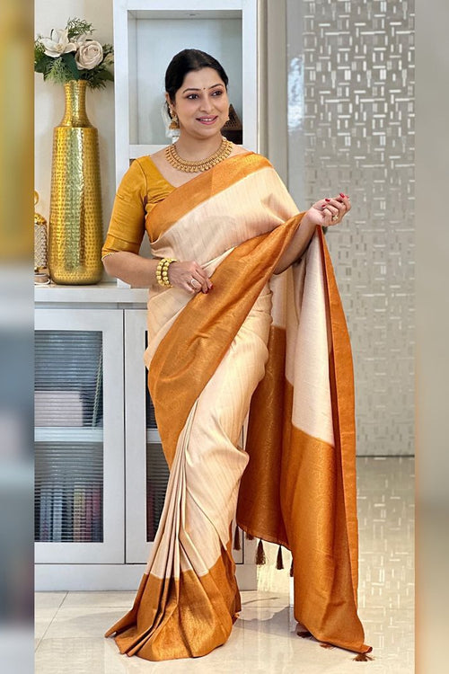 Load image into Gallery viewer, Ephemeral Beige Kanjivaram Silk Saree With Woebegone Blouse Piece
