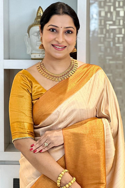 Load image into Gallery viewer, Ephemeral Beige Kanjivaram Silk Saree With Woebegone Blouse Piece
