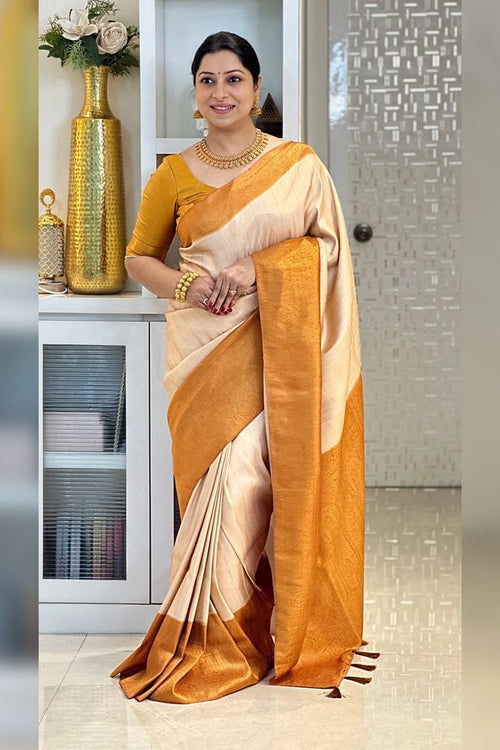 Load image into Gallery viewer, Ephemeral Beige Kanjivaram Silk Saree With Woebegone Blouse Piece
