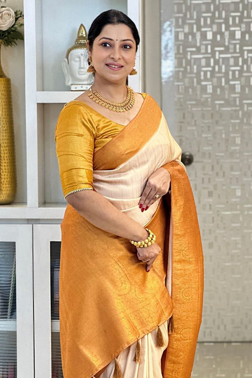 Load image into Gallery viewer, Ephemeral Beige Kanjivaram Silk Saree With Woebegone Blouse Piece
