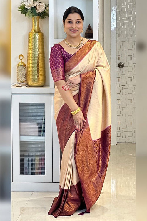 Load image into Gallery viewer, Comely Beige Kanjivaram Silk Saree With Demesne Blouse Piece
