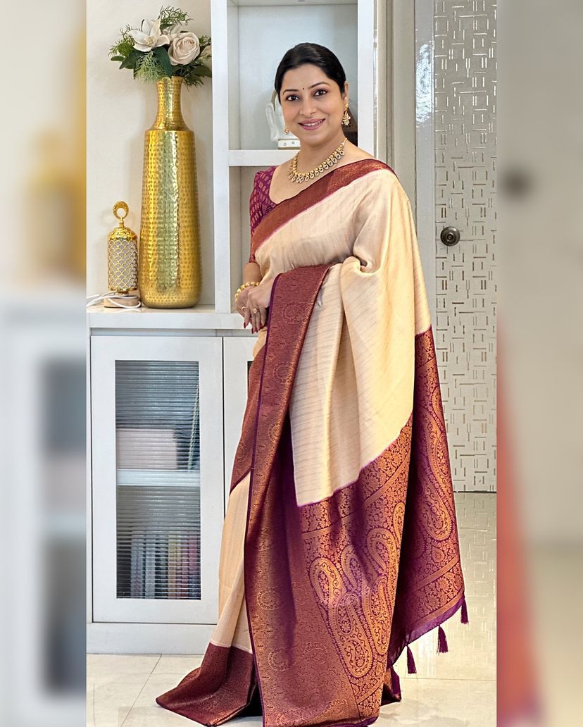 Comely Beige Kanjivaram Silk Saree With Demesne Blouse Piece