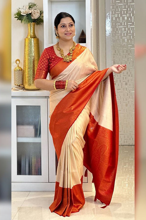 Load image into Gallery viewer, Delightful Beige Kanjivaram Silk Saree With Adorning Blouse Piece
