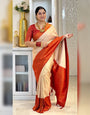 Delightful Beige Kanjivaram Silk Saree With Adorning Blouse Piece